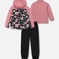 3-In-1 Mid-Season Outerwear Set With Printed Jacket Pink, Black, And Flowers