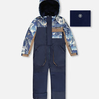One-Piece Play Snowsuit With Mountains Print Navy Blue