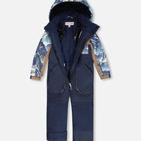 One-Piece Play Snowsuit With Mountains Print Navy Blue