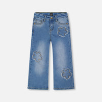 Wide Leg Stretch Light Blue Denim Jeans With Flower Stitching