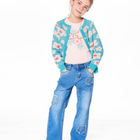 Wide Leg Stretch Light Blue Denim Jeans With Flower Stitching