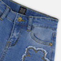 Wide Leg Stretch Light Blue Denim Jeans With Flower Stitching