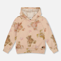 Glittering French Terry Hoodie Beige Teddy Bear Print