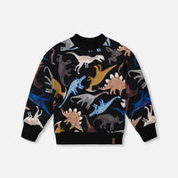 Pullover Fleece Sweatshirt Black Dinosaur Print