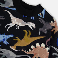 Pullover Fleece Sweatshirt Black Dinosaur Print