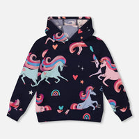 Pullover Fleece Hoodie Navy Unicorn Print