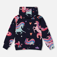 Pullover Fleece Hoodie Navy Unicorn Print