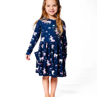 Jersey Dress With Pockets Navy Unicorn Print