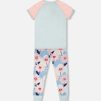 Organic Cotton Two-Piece Pyjama Set Blue Smiling Flower Print