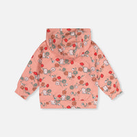 French Terry Hooded Cardigan Pink Cat Print
