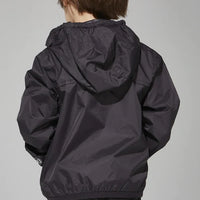 Kids black full zip packable rain jacket and windbreaker