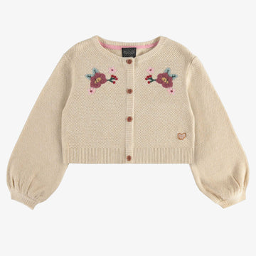 BEIGE PATTERNED KNITTED CARDIGAN WITH EMBROIDERY AND CROCHET, CHILD