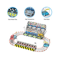Magnetic Race Car Track Construction Kit with 2 Trucks, Street Sign Add-ons, and Stadium Seating Playset