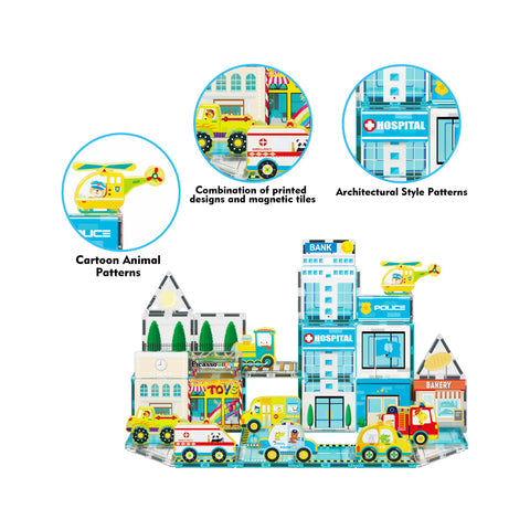 Metro City Magnetic Tiles & Magnet Toys - Building Blocks with 8 Vehicle Character Action Figures