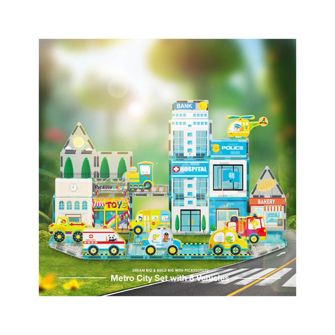 Metro City Magnetic Tiles & Magnet Toys - Building Blocks with 8 Vehicle Character Action Figures