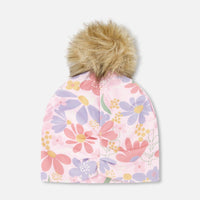 Stretch Jersey Hat Pink Flower Print With Pompom