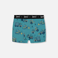 Printed Organic Cotton Boxer Shorts Teal With Yellow Truck