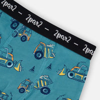 Printed Organic Cotton Boxer Shorts Teal With Yellow Truck
