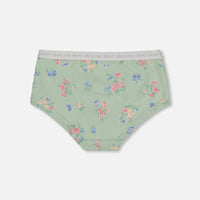 Printed Organic Cotton Boyshort Panty Small Pink And Blue Flowers On Light Sage