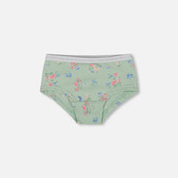 Printed Organic Cotton Boyshort Panty Small Pink And Blue Flowers On Light Sage