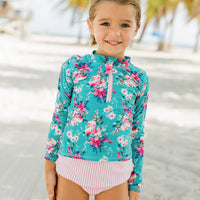 Girls Fancy Me Floral Long Sleeve Zipper Rash Guard 2-Piece Swimsuit with Signature Rear Ruffles