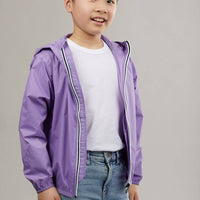 Kids light purple full zip packable rain jacket and windbreaker