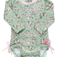 Baby Girls Tea Roses Long Sleeve One Piece Rash Guard Swimsuit with Signature Rear Ruffles