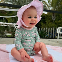 Baby Girls Tea Roses Long Sleeve One Piece Rash Guard Swimsuit with Signature Rear Ruffles