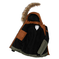 Colorblock Hooded Faux-Fur Winter Puffer Parka in Khaki and Brown