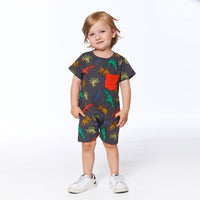 Printed French Terry Romper Charcoal Grey Multicolor Dinosaurs