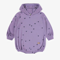 PURPLE HEART-PATTERNED HOODED ONE-PIECE IN SOFT JERSEY ORGANIC COTTON, NEWBORN