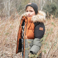 Colorblock Hooded Faux-Fur Winter Puffer Parka in Khaki and Brown