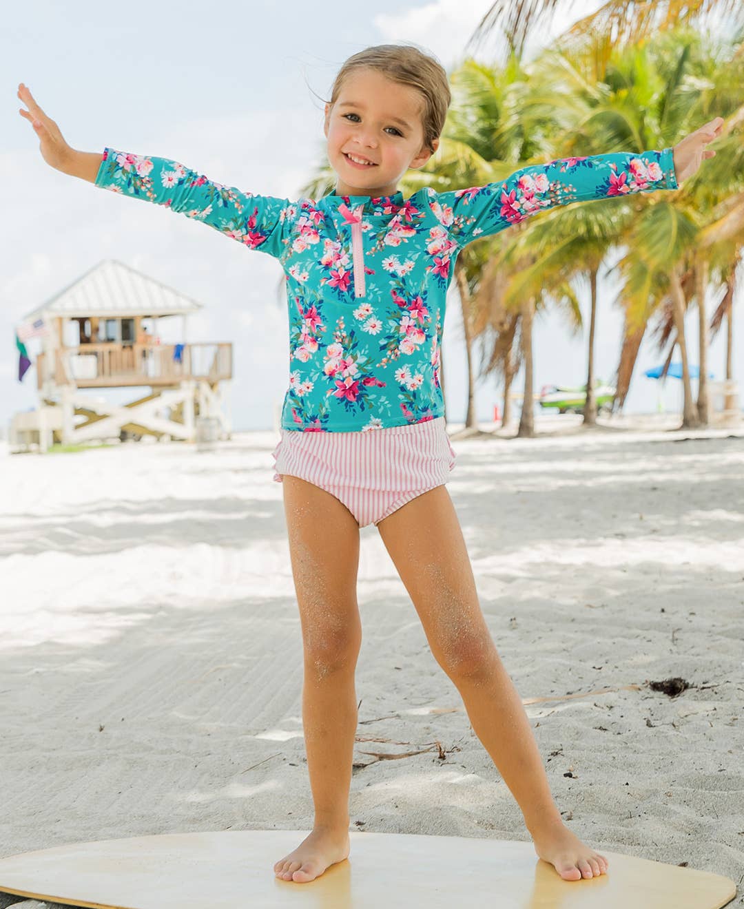 Girls Fancy Me Floral Long Sleeve Zipper Rash Guard 2-Piece Swimsuit with Signature Rear Ruffles