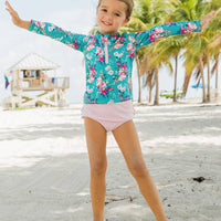 Girls Fancy Me Floral Long Sleeve Zipper Rash Guard 2-Piece Swimsuit with Signature Rear Ruffles