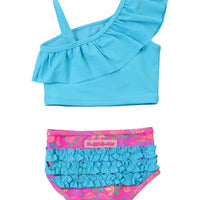 Girls Neon Island Time One Shoulder Ruffle Tankini 2-Piece Swimsuit with Signature Rear Ruffles