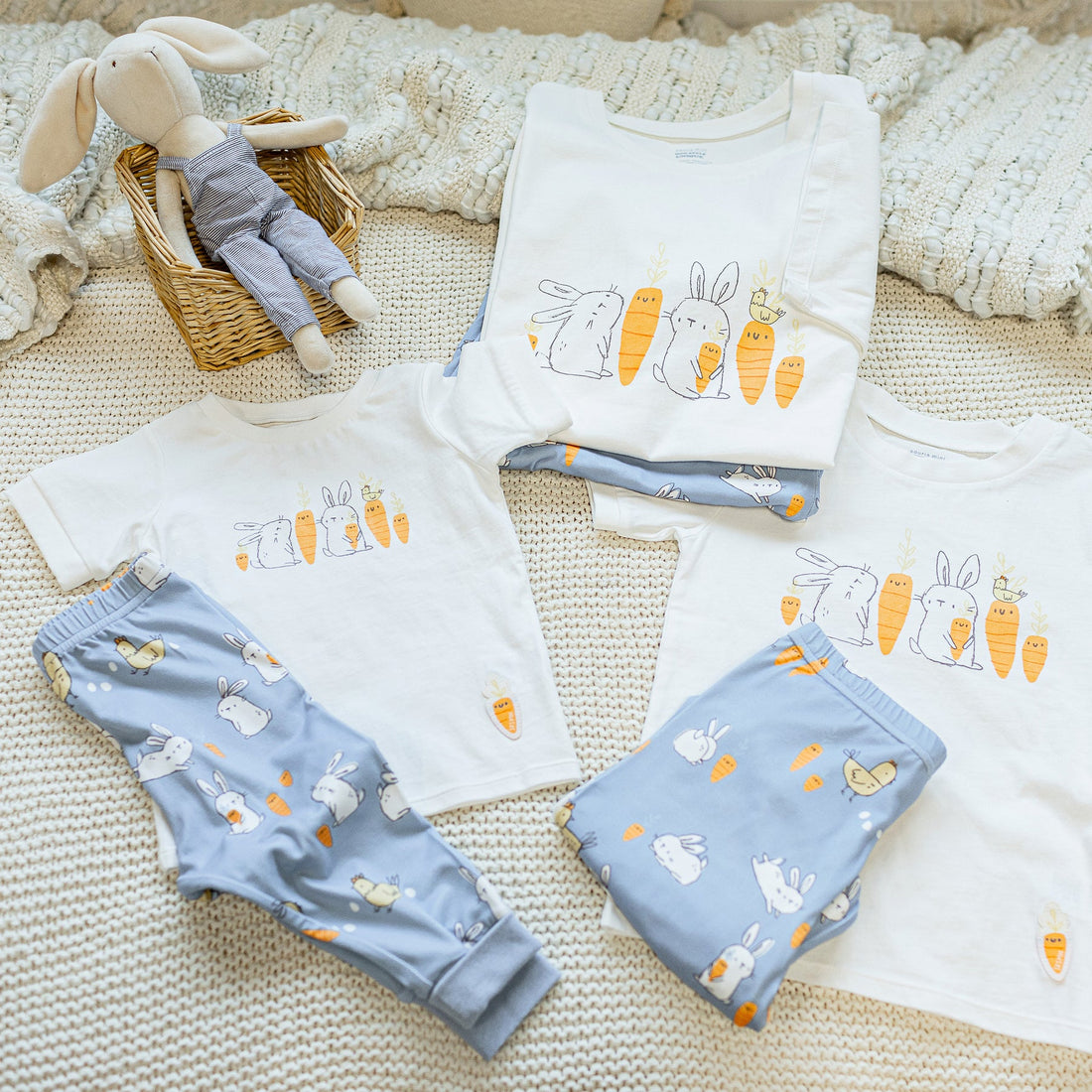CREAM AND BLUE TWO-PIECES PAJAMA WITH BUNNIES AND CHICKENS PRINT, BABY