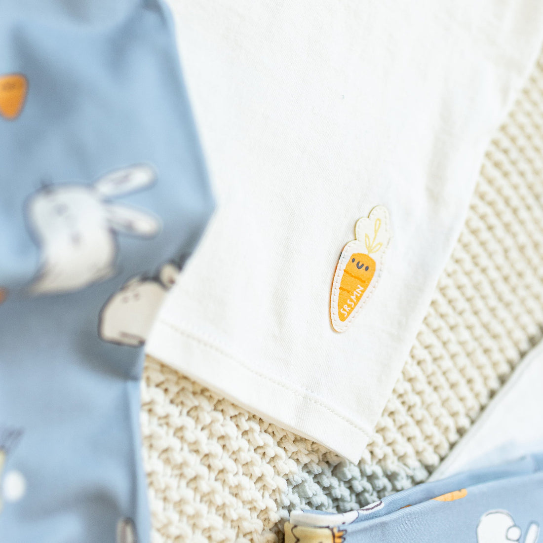 CREAM AND BLUE TWO-PIECES PAJAMA WITH BUNNIES AND CHICKENS PRINT, BABY