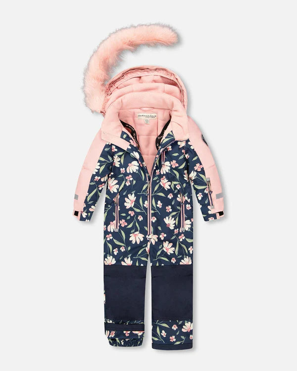 One Piece Play Snowsuit Printed Navy Flowers