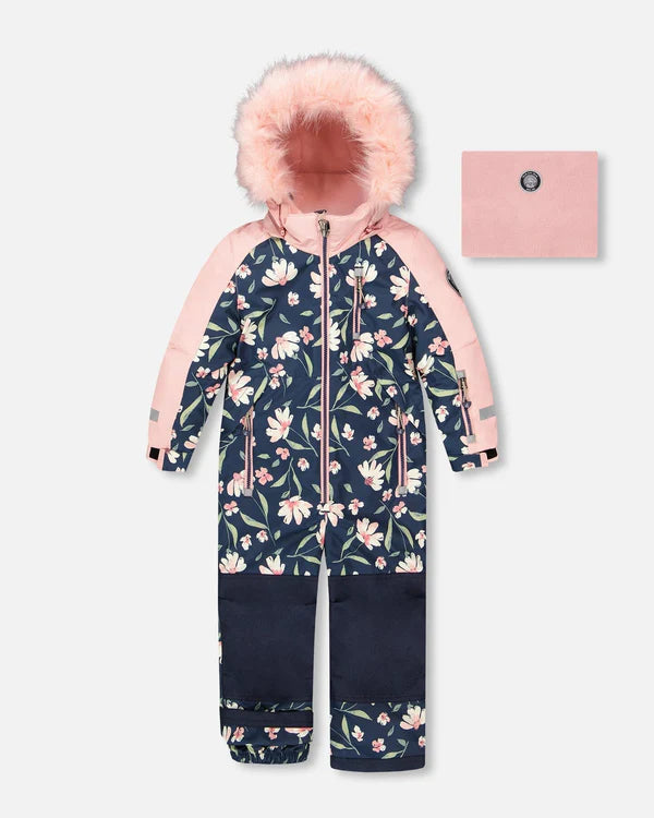 One Piece Play Snowsuit Printed Navy Flowers
