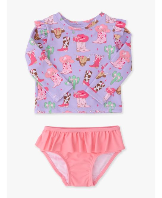Girls Howdy Darlin’ Flutter Long Sleeve Rash Guard Skirted 2-Piece Swimsuit