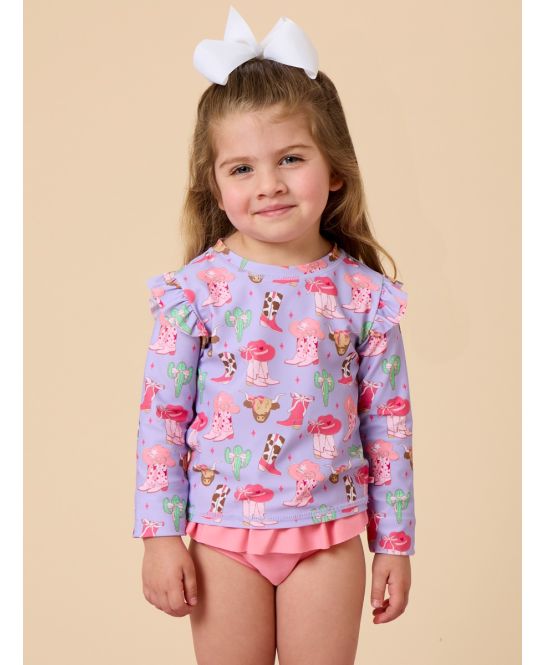 Girls Howdy Darlin’ Flutter Long Sleeve Rash Guard Skirted 2-Piece Swimsuit