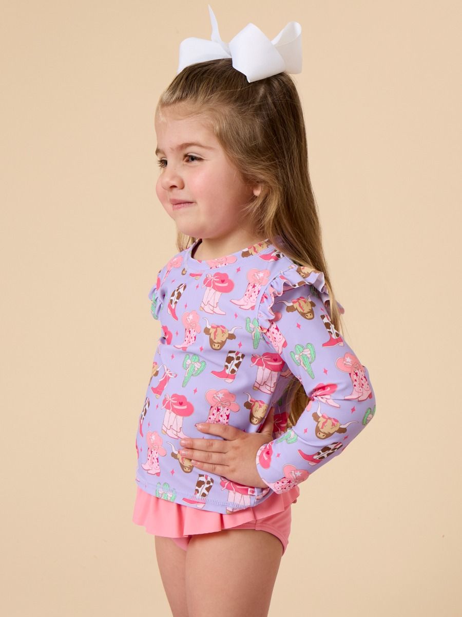 Girls Howdy Darlin’ Flutter Long Sleeve Rash Guard Skirted 2-Piece Swimsuit