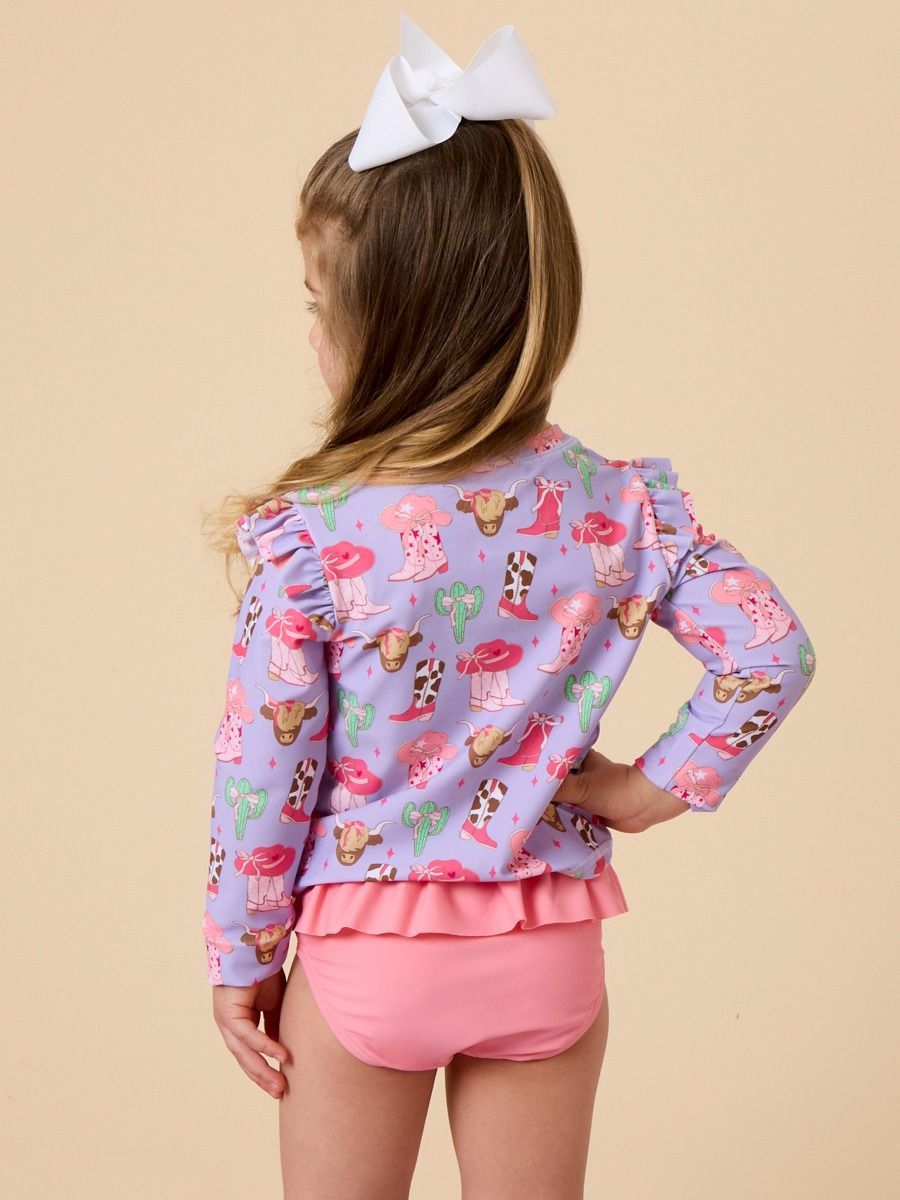 Girls Howdy Darlin’ Flutter Long Sleeve Rash Guard Skirted 2-Piece Swimsuit