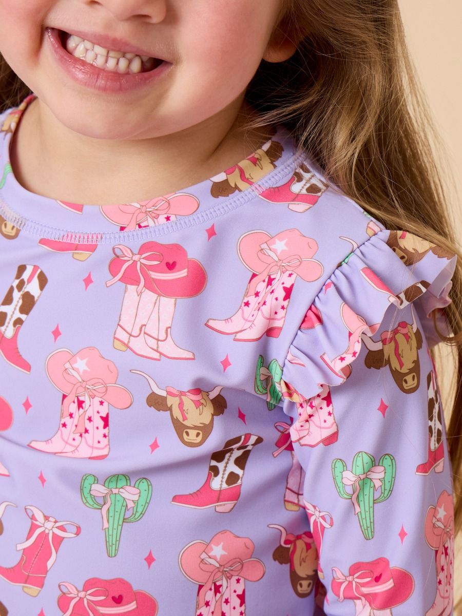 Girls Howdy Darlin’ Flutter Long Sleeve Rash Guard Skirted 2-Piece Swimsuit