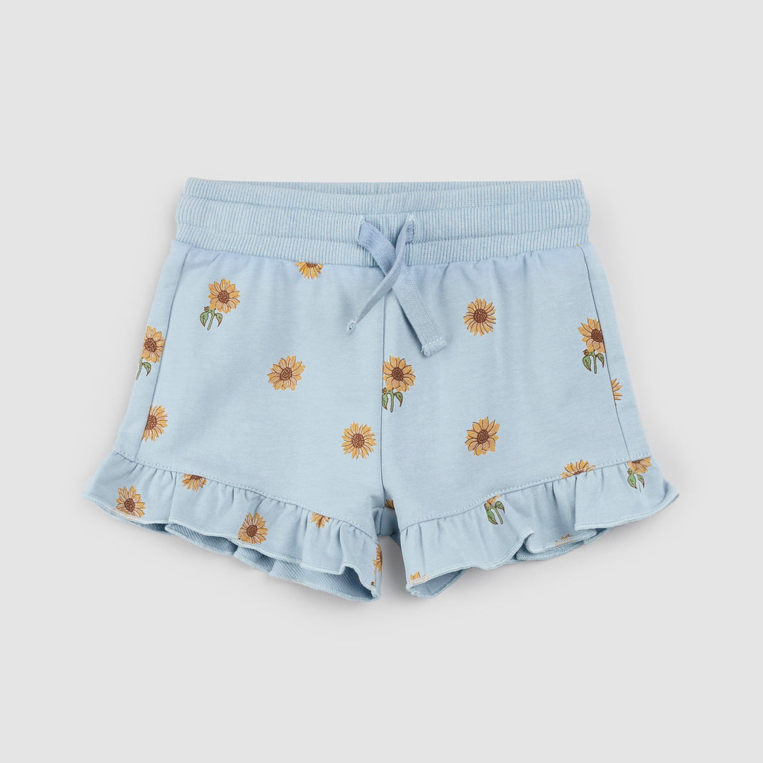Sunflower Print on Celestial Blue Ruffled Shorts