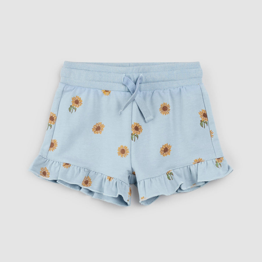 Sunflower Print on Celestial Blue Ruffled Shorts