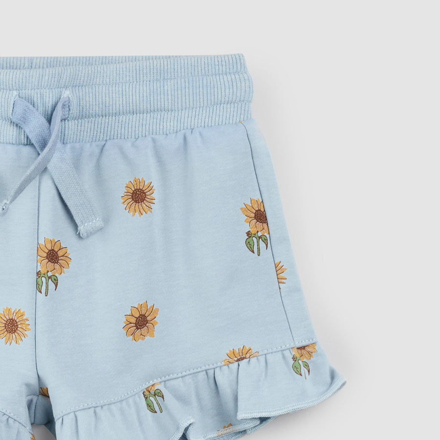 Sunflower Print on Celestial Blue Ruffled Shorts