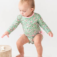 Baby Girls Tea Roses Long Sleeve One Piece Rash Guard Swimsuit with Signature Rear Ruffles
