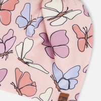 Stretch Jersey Hat Pink Printed Butterflies With Pompom