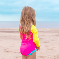 Girls Neon Color Block Long Sleeve One Piece Rash Guard Swimsuit